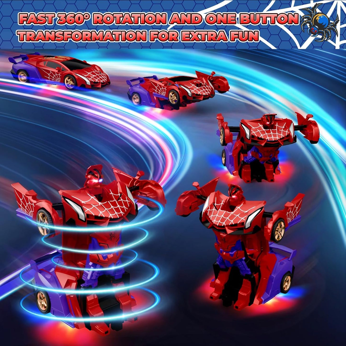 🔥【Cool Spider Transformation RC Car】🔥 One-Button Transformation · Eye & Underbody Lights · 360° High-Speed Rotation! Unleash the Ultimate Mecha Adventure for Boys! 🚗✨🤖